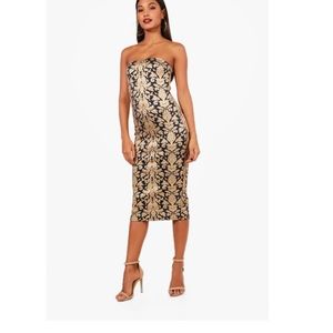 Boohoo Sophie Bandeau Foil Print Midi Dress, US-4, Navy & Gold. Still Like New!
